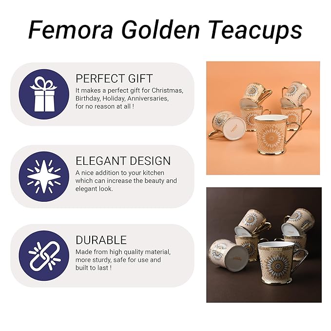 Lotus Pattern With Golden Handle Golden Coffee Mugs, 180 ml, Golden, 6 Pieces Set, Not Microwave Safe