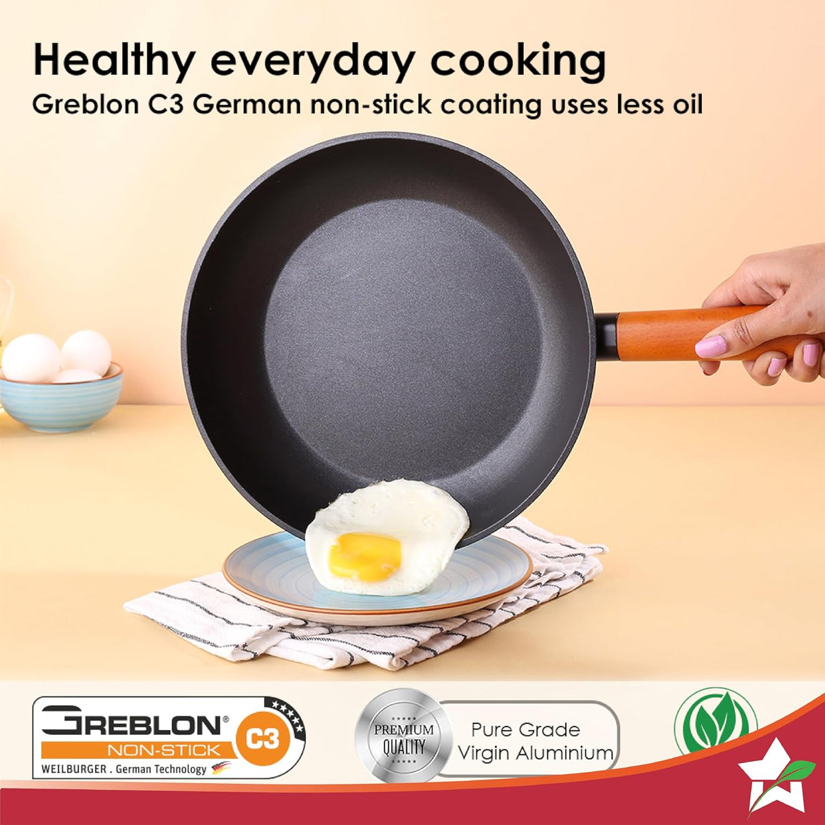 Non-Stick Fry Pan, Induction Bottom, Wooden Handle, Pure Grade Aluminium, 24 cm Frying Pan Non Stick