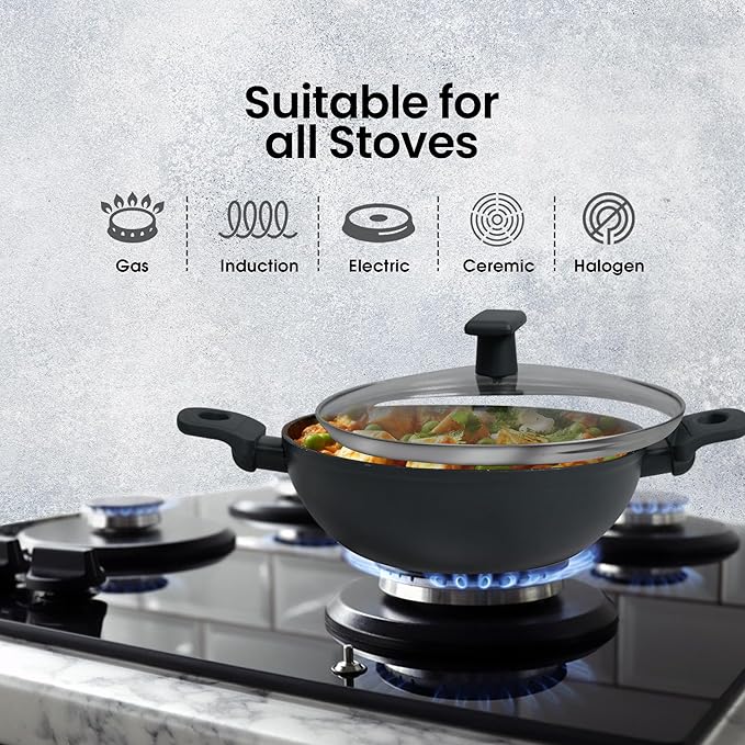 Non Stick Kadai With Lid 24 cm, Induction Kadai, Granite Stone Kadhai With Glass Lid, Biryani Pot, 2.4 L