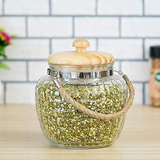 Kitchen Storage Jars Embossed Glass Jar With Wooden Lid & Jute Chain Air Tight Jar, 1500 ml