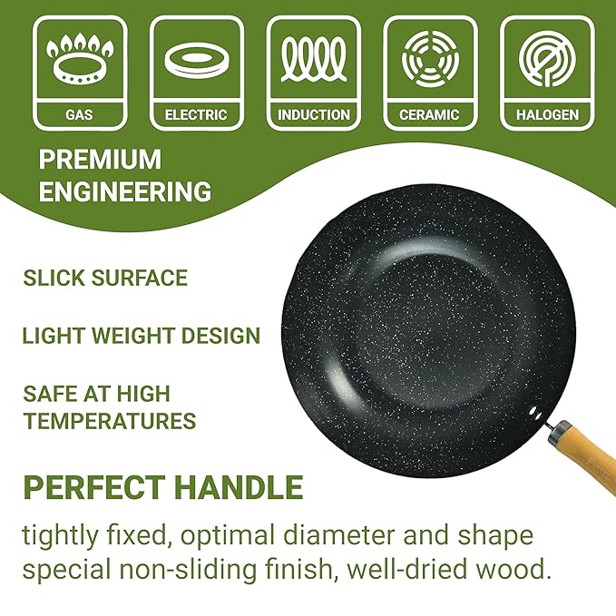Carbon Steel Wok 28 cm With Wooden Handle, 3 Layer Non-stick Coating Wok, Black