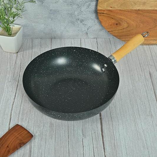 Carbon Steel Wok 28 cm With Wooden Handle, 3 Layer Non-stick Coating Wok, Black