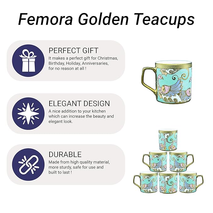 Bone China Gold Tea Cup, Dancing Peahens, 180 ml