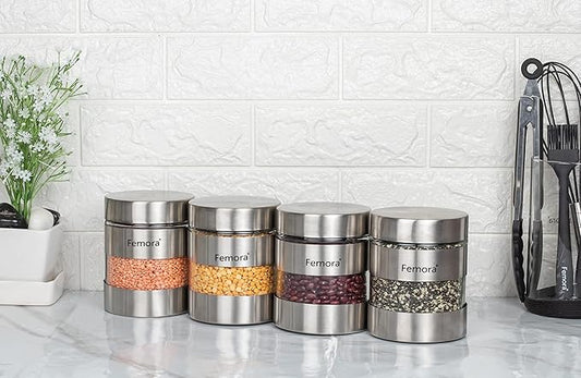 Kitchen Storage Jars Steel Body With See Through Window Jar, 700 ml, Pack of 4