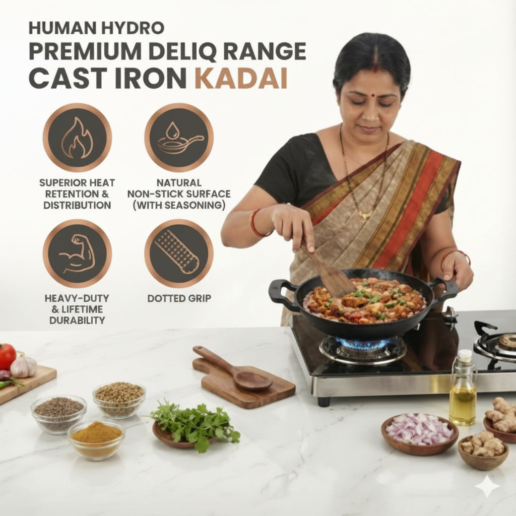 Premium Deliq Range Cast Iron Kadai 25 cm 2.2L with Heat-Resistant Silicone Grip Handles Induction Gas