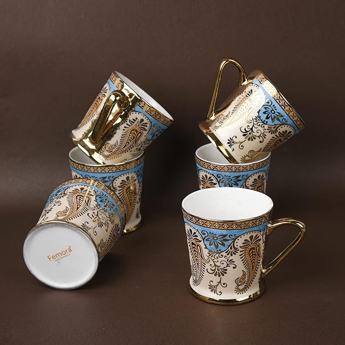 Golden Leaf Tea Mugs, Ceramic Tea Cups, Coffee Mugs, 180 ml, Golden, 6 Pcs Set, Not Microwave Safe