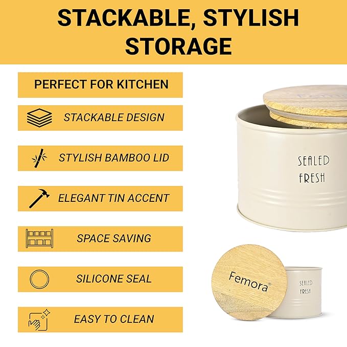 Kitchen Storage Jars Tin Jar With Wooden Lid Air Tight Jar, 300 ml, Pack of 2 - Design 2