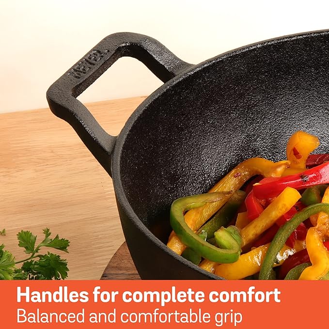 Pre Seasoned Cast Iron Kadai, Iron Kadhai with Lid 24 cm/ 2 L Black