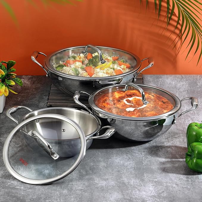 Triply Stainless Steel Extra Deep Kadai with Glass Lid 2.5 L (22 cm), 2.5 mm Thick, Kadai for Cooking