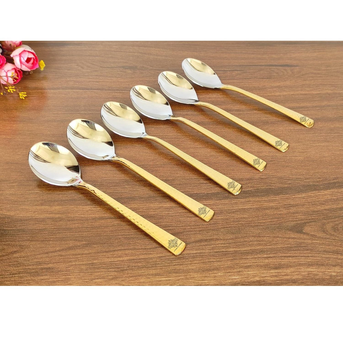 Steel Brass Dessert Spoon Hammered Design Elegant And Durable Cutlery Length, 7.5 inch