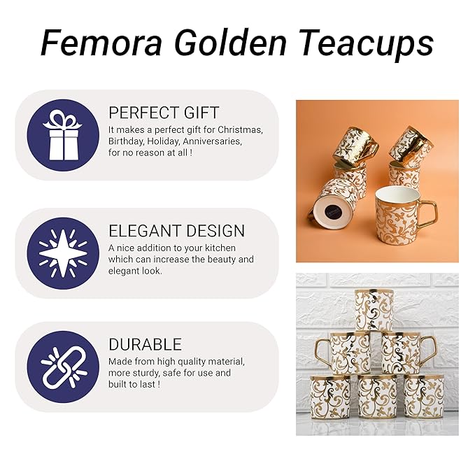 Gloden Floral Motif Pattern Golden Tea Mugs, Ceramic, Coffee Mugs, 180 ml, Golden, 6 Pcs Set