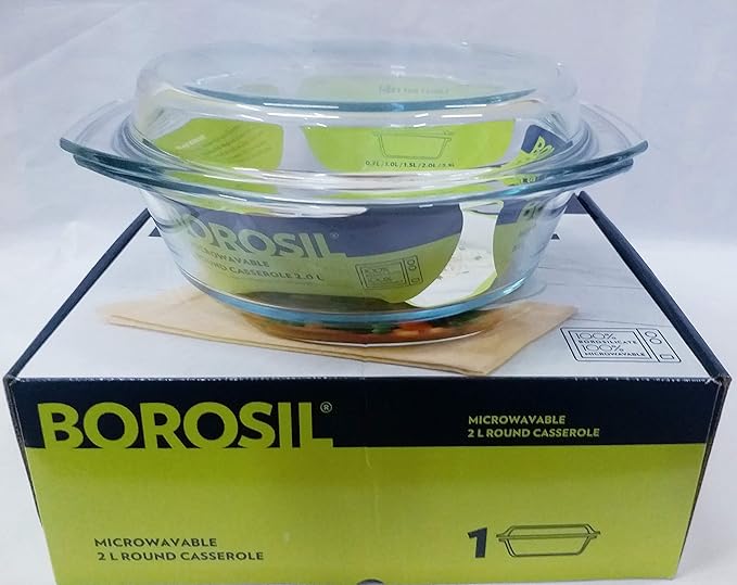 Solid Glass Casserole Oven and Microwave Safe Serving Bowl with Lid, Transparent, 2 L