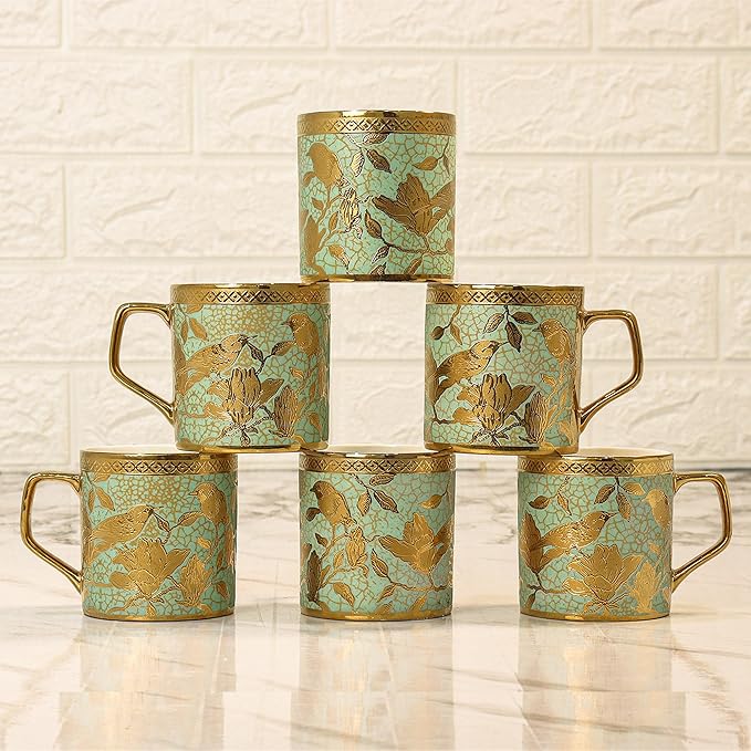 Bone China Gloden Tea Cup, Weaver Love Green, 160 ml