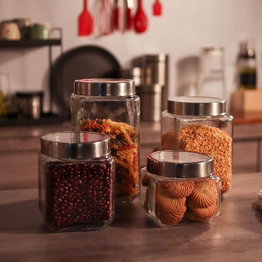 Kitchen Storage Jars Transperent Glass With Steel Lid Air Tight Jar, 850 ml, 1150 ml, 1550 ml, 2000 ml