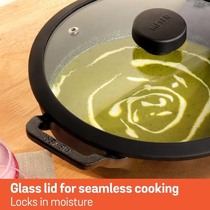 Pre Seasoned Cast Iron Kadai, Iron Kadhai with Lid 26 cm/ 3 L Black
