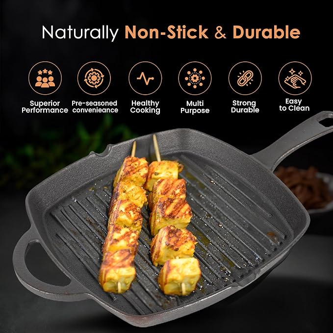 Premium Pre-seasoned Cast Iron Grill Pan With Long Handle, 24 cm, Induction Friendly