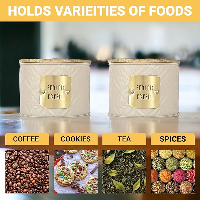 Kitchen Storage Jars Tin Jar With Wooden Lid Air Tight Jar, 300 ml, Set of 1
