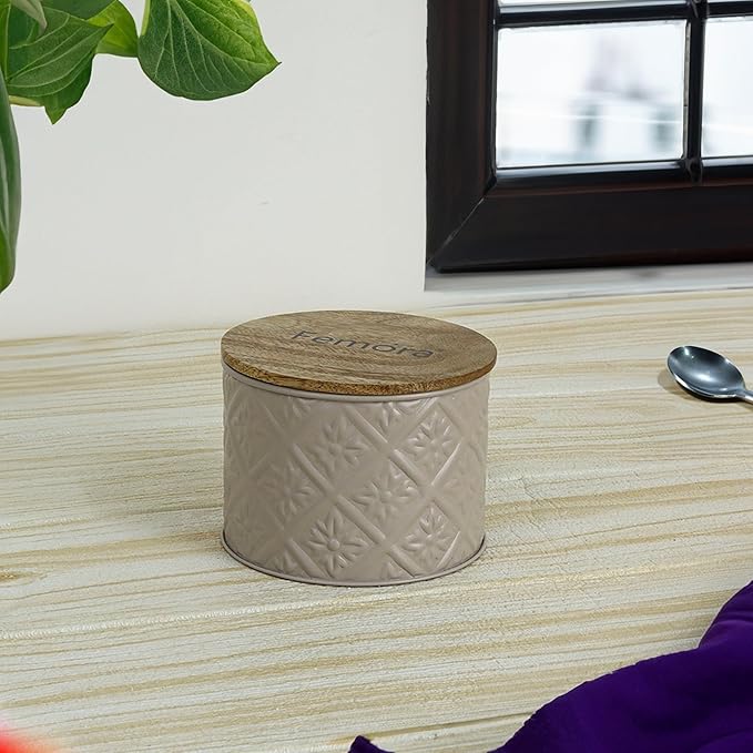 Kitchen Storage Jars Tin Jar With Wooden Lid Air Tight Jar, 300 ml, Set of 2