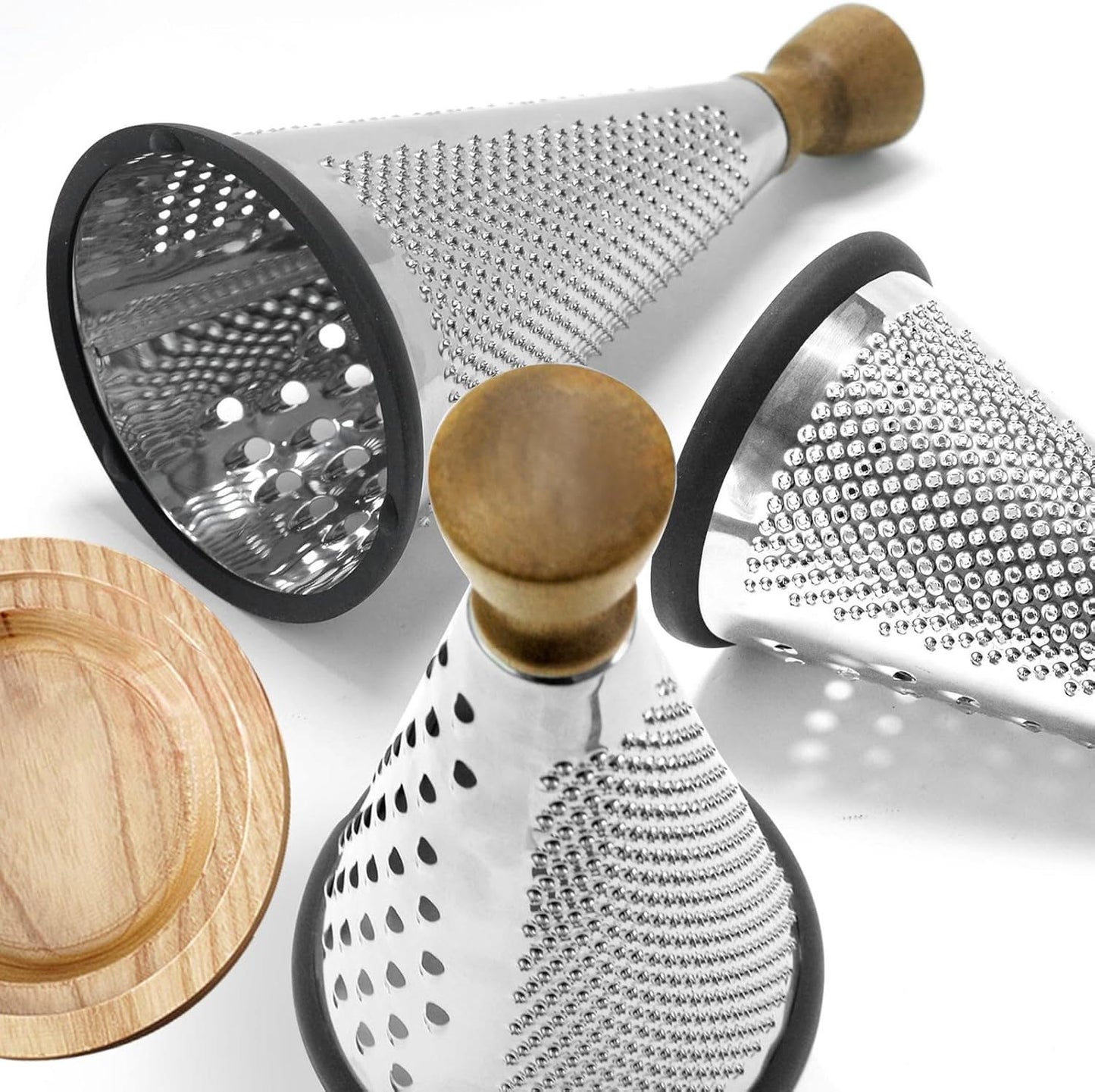 Multi-functional Stainless Steel Cone-Shaped Cheese Grater with Container and Wooden Handle – Perfect for Parmesan Cheese, Vegetables, and Fruits in a Vintage Style