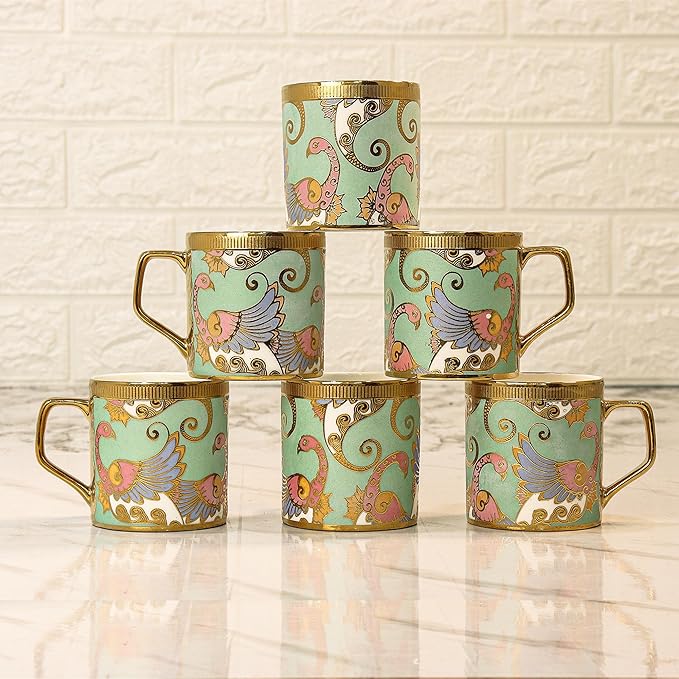 Bone China Gold Tea Cup, Dancing Peahens, 180 ml