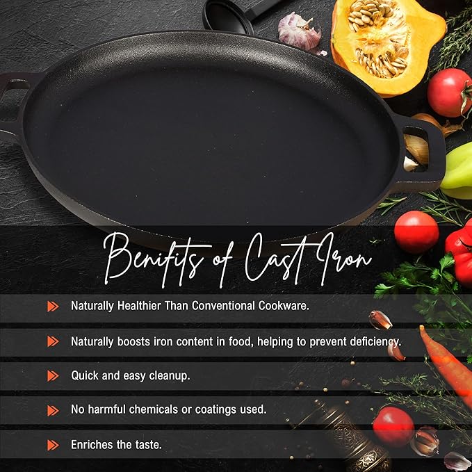 Stone Premium Cast Iron Tawa for Dosa 30 cm With 2 Loops, Tawa for Dosa, Gas & Induction Friendly