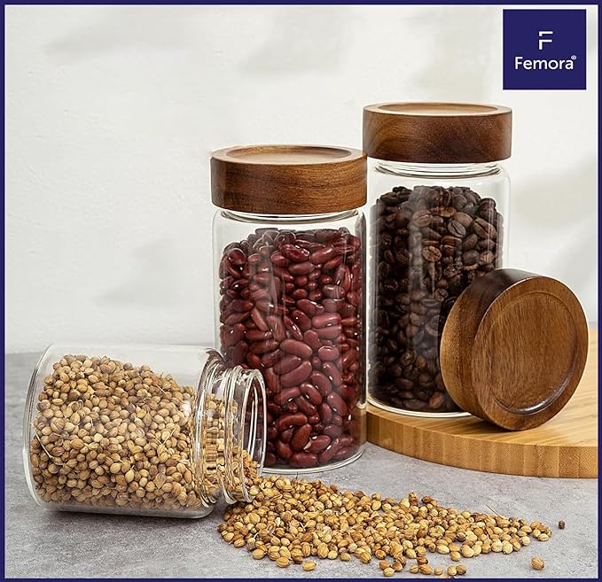 Kitchen Storage Jars Borosilicate Glass With Wooden Lid Air Tight Jar, 550 ml, Pack of 1, Transparent