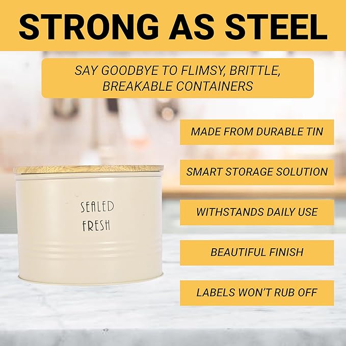 Kitchen Storage Jars Tin Jar With Wooden Lid Air Tight Jar, 300 ml, Pack of 2 - Design 2