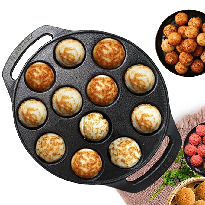 Pre Seasoned Cast Iron Paniyaram Pan 12 Cavities 20 cm Appam Patra, Paniyarakkal Pan, Cast Iron Cookware