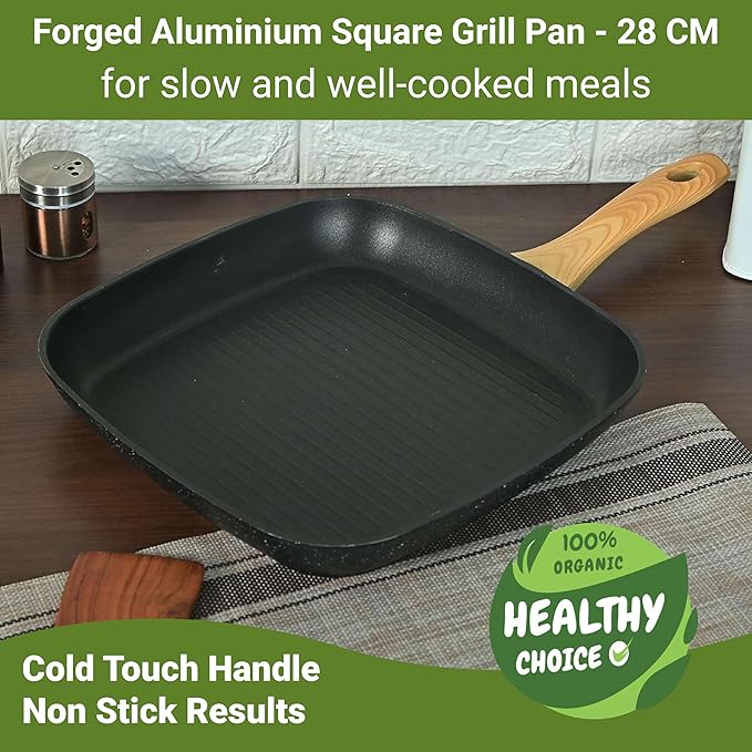 Foged Die Cast Aluminium Non Stick 28 cm Square Grillpan With Wood Finish Handle, Granite Finish