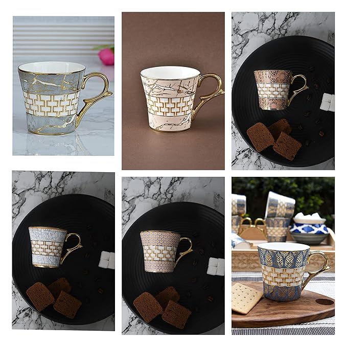 Honey Comb on Golden Mugs, Ceramic Tea Cups, Coffee Mugs, 160 ml, Golden, 6 Pieces Set