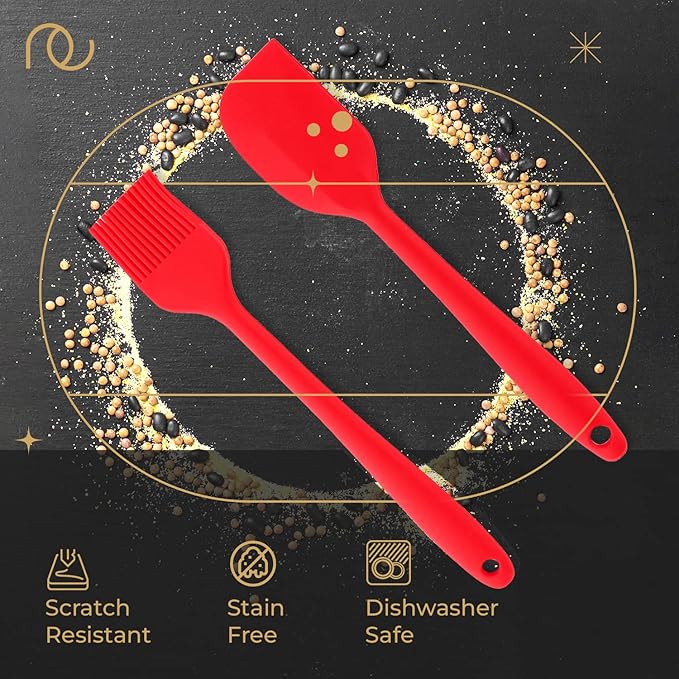Seamless Design Set of 2, Red Oil Brush for Cooking & Non-stick Silicone Spatula Baking & Mixing