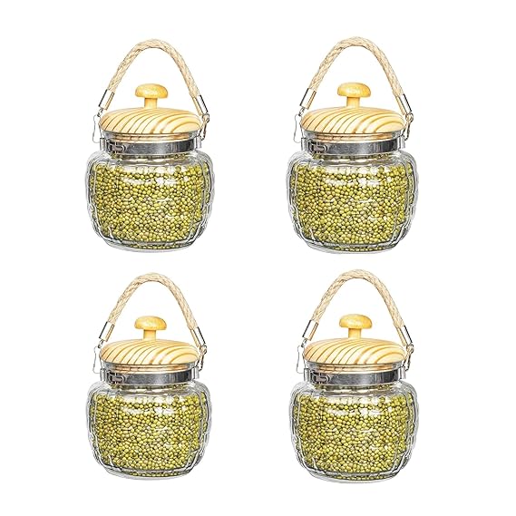 Kitchen Storage Jars Embossed Glass Jar With Wooden Lid & Jute Chain Air Tight Jar, 500 ml, Pack of 4