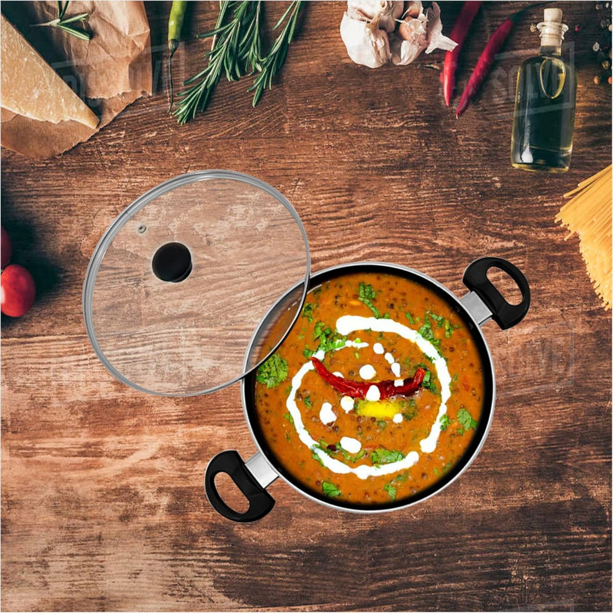 Coral DLX Granite Non Stick Kadai with Glass Lid, Premium Virgin Aluminium, Induction Base