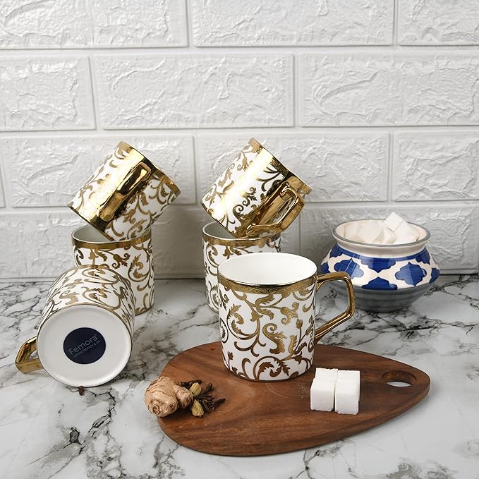 Gloden Floral Motif Pattern Golden Tea Mugs, Ceramic, Coffee Mugs, 180 ml, Golden, 6 Pcs Set