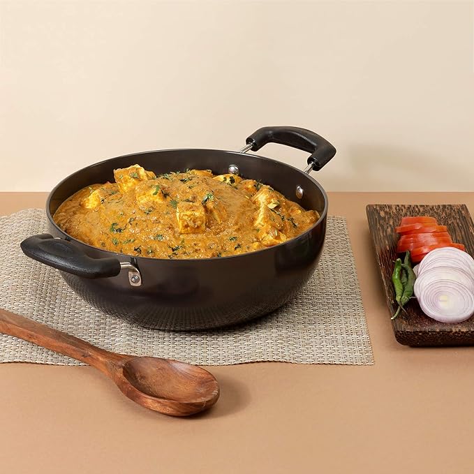 Hard Anodised Non Stick Deep Kadhai with Glass Lid - 2.6 L, 22 cm, 3.25 mm Thickness, kadai for Cooking