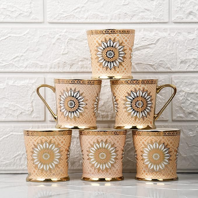 Lotus Pattern With Golden Handle Golden Coffee Mugs, 180 ml, Golden, 6 Pieces Set, Not Microwave Safe