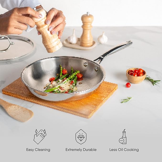 Triply Stainless Steel Fry Pan With Lid, Induction & Gas Stove Compatible Frying Pan, 1.3 L 22 cm