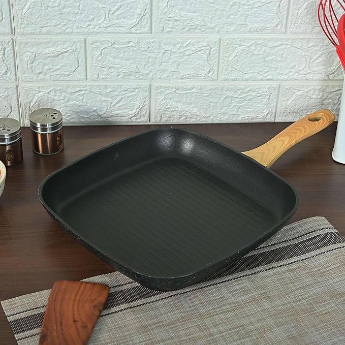 Foged Die Cast Aluminium Non Stick 28 cm Square Grillpan With Wood Finish Handle, Granite Finish