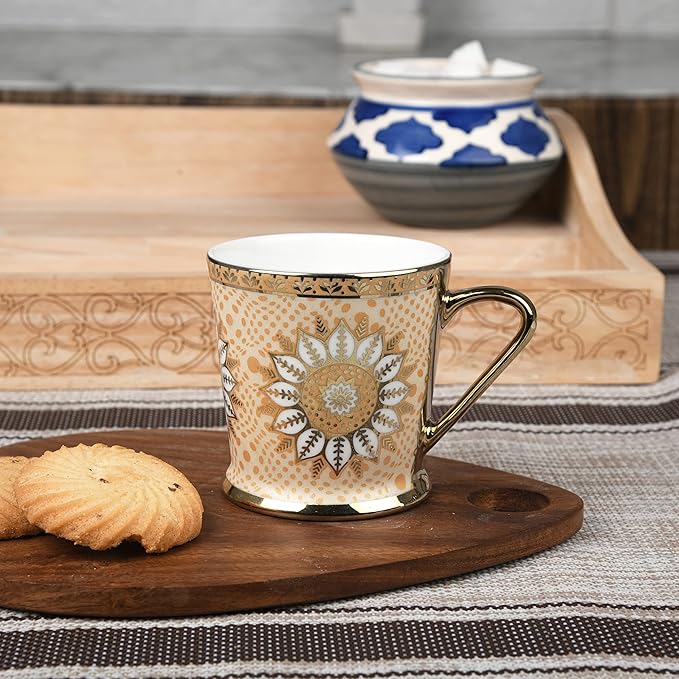 Lotus Pattern With Golden Handle Golden Coffee Mugs, 180 ml, Golden, 6 Pieces Set, Not Microwave Safe