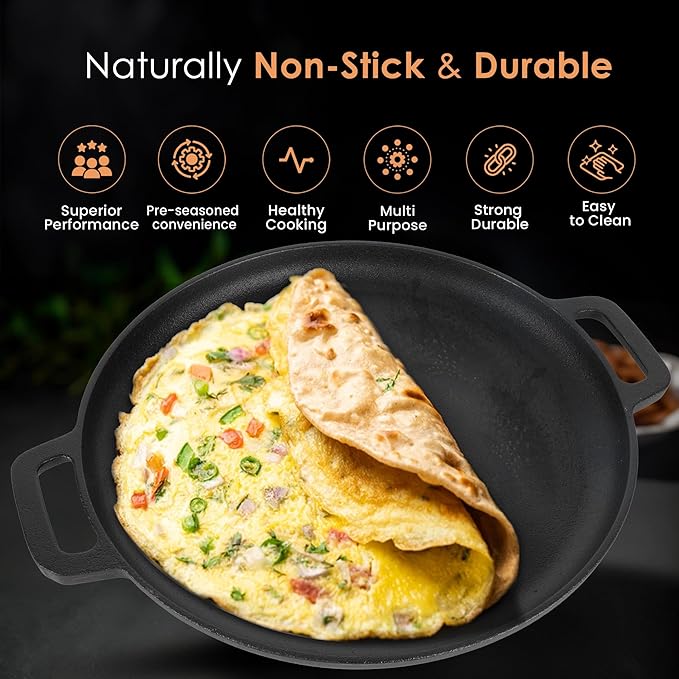 Stone Premium Cast Iron Tawa for Dosa 30 cm With 2 Loops, Tawa for Dosa, Gas & Induction Friendly