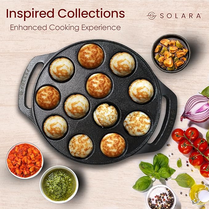 Pre Seasoned Cast Iron Paniyaram Pan 12 Cavities 20 cm Appam Patra, Paniyarakkal Pan, Cast Iron Cookware