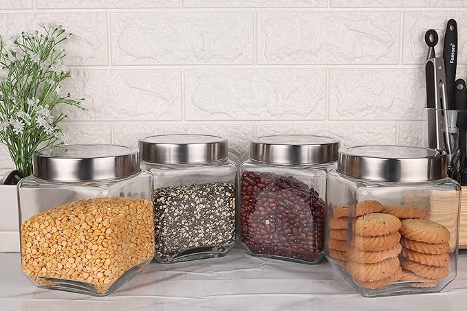 Kitchen Storage Jars Transperent Glass With Steel Lid Air Tight Jar, 1150 ml, Pack of 4