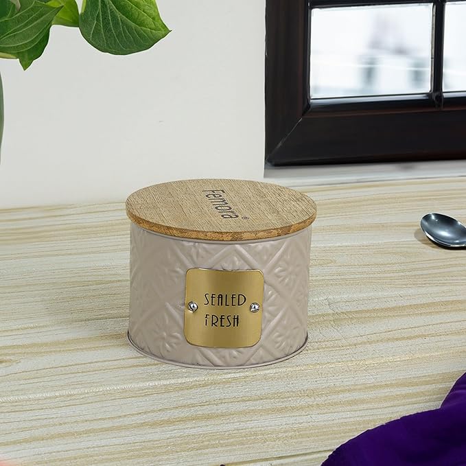 Kitchen Storage Jars Tin Jar With Wooden Lid Air Tight Jar, 300 ml, Set of 1