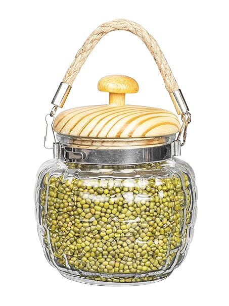 Kitchen Storage Jars Embossed Glass Jar With Wooden Lid & Jute Chain Air Tight Jar, 500 ml