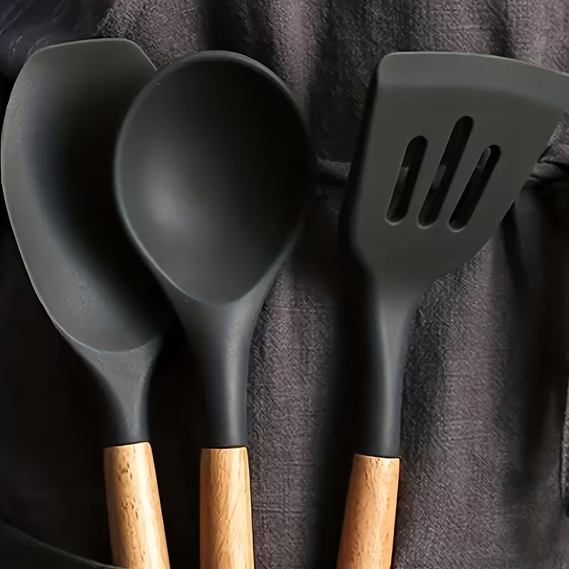 7-piece Silicone Kitchen Utensil Set with Wooden Handles