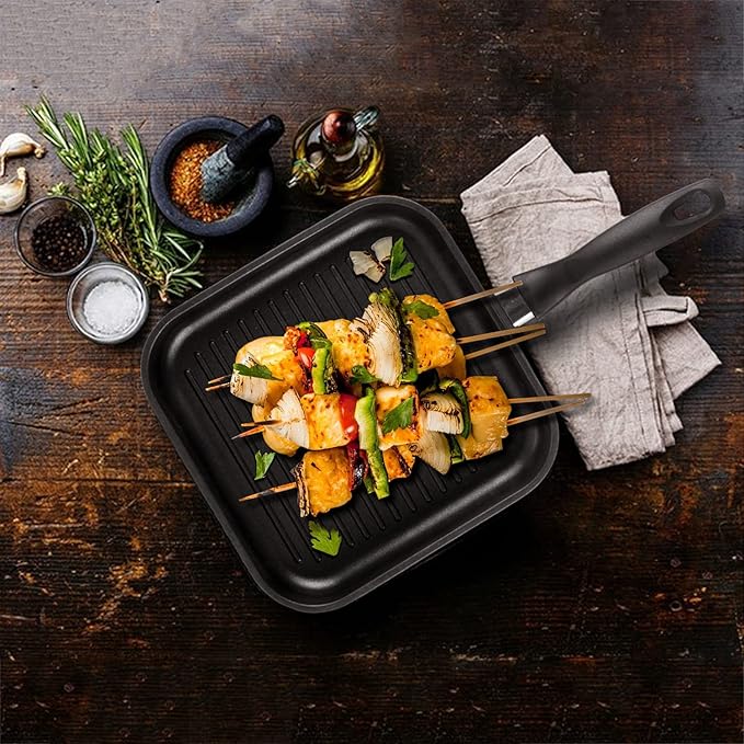 Plus Die Cast Aluminium Square Griddle - 24 cm, 5 mm Thick, 3 Layer Coating, Silicone Handle