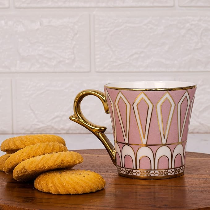 Dropped U Scale Pattern Pattern Golden Tea Mugs, Ceramic Tea Cups, Coffee Mugs, 160 ml, Pink, 6 Pcs Set