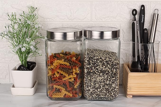 Clear Glass Octa Jar With Steel Lid, Airtight Lid Jar for Kitchen Storage, 2000 ml, Pack of 2