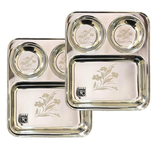 Stainless Steel Laser Partition Plate 3 in1, Bhojan Thali, Dinner Plate Set of 2