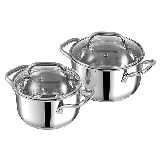 Stainless Steel Cookware set of 2, 1.2 and 2 L Saucepot with Glass Lid, SAS Bottom, Biryani Pot
